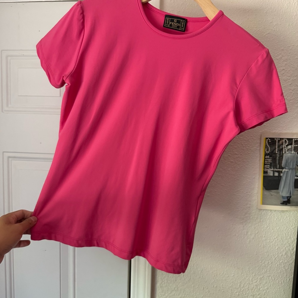 FENDI vintage pink knit crew neck short sleeve boxy cropped baby tee t-shirt - Picture 3 of 8